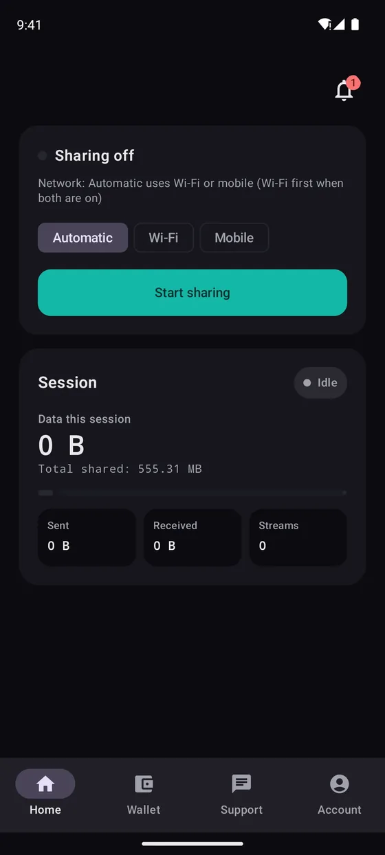 BusyProxy Android app — home screen